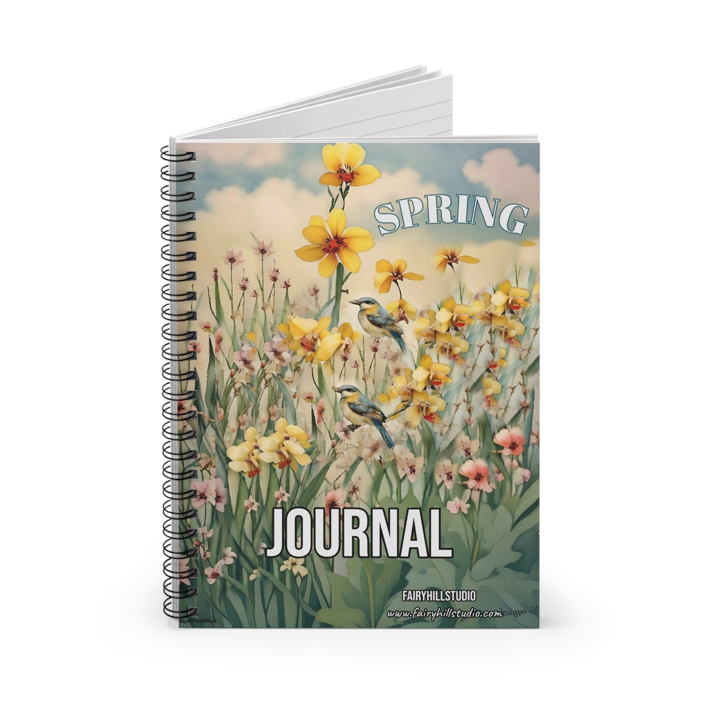 Floral Journal - Ruled Line with Yellow Spring flowers and Bird Art by Fairy Hill Studio