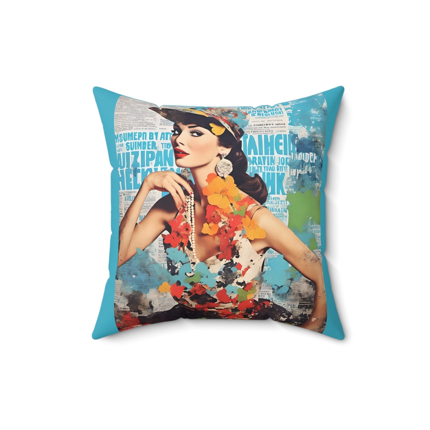 Square Pillow Colorful Fashion Model with Hat Collage Art