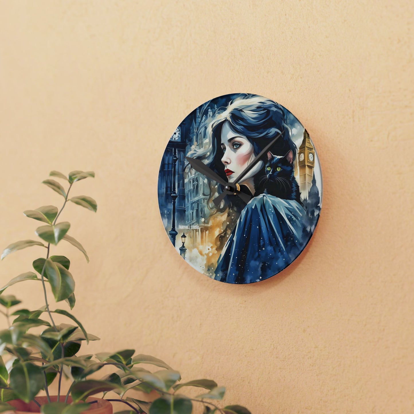 Acrylic Wall Clock - Woman with cat london Art
