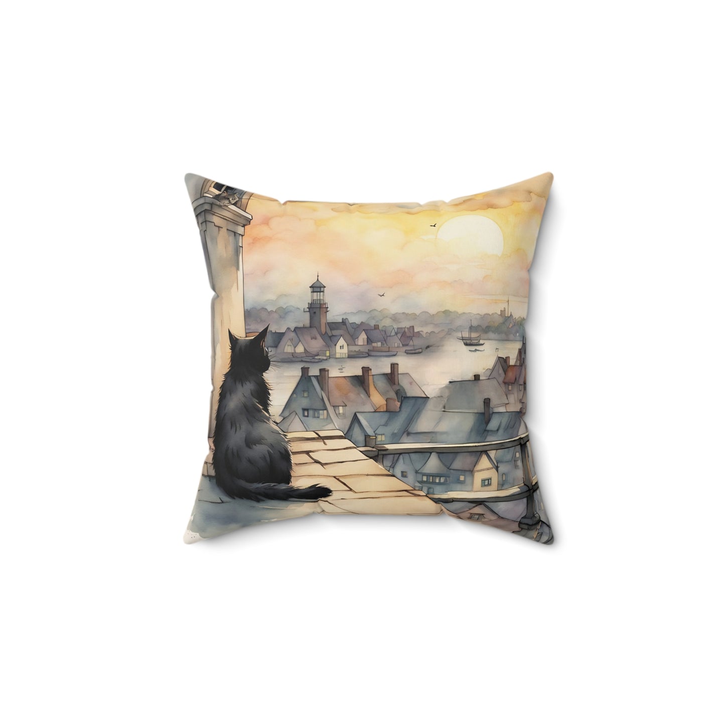 Black cat on a rooftop Square Pillow - by Fairyhill Studio