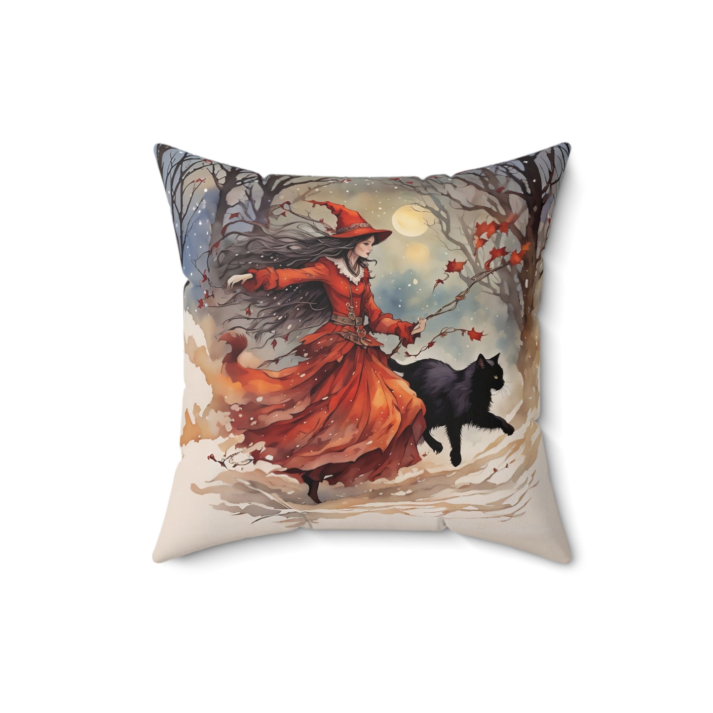 Crimson witch with black cat pillow Square Pillow - by Fairyhill Studio