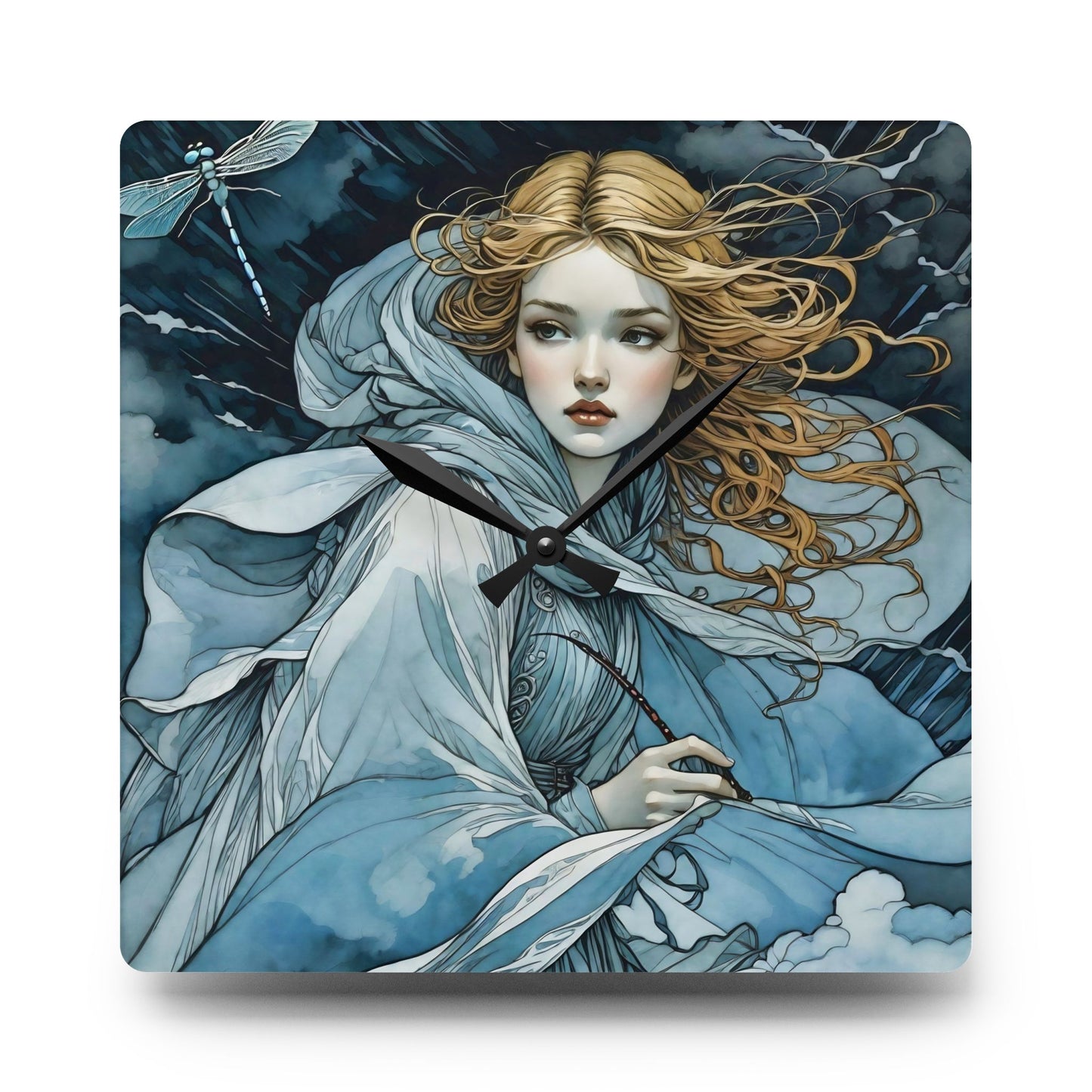 Acrylic Wall Clock Blue fairy with a dragonfly art by Fairyhill studio