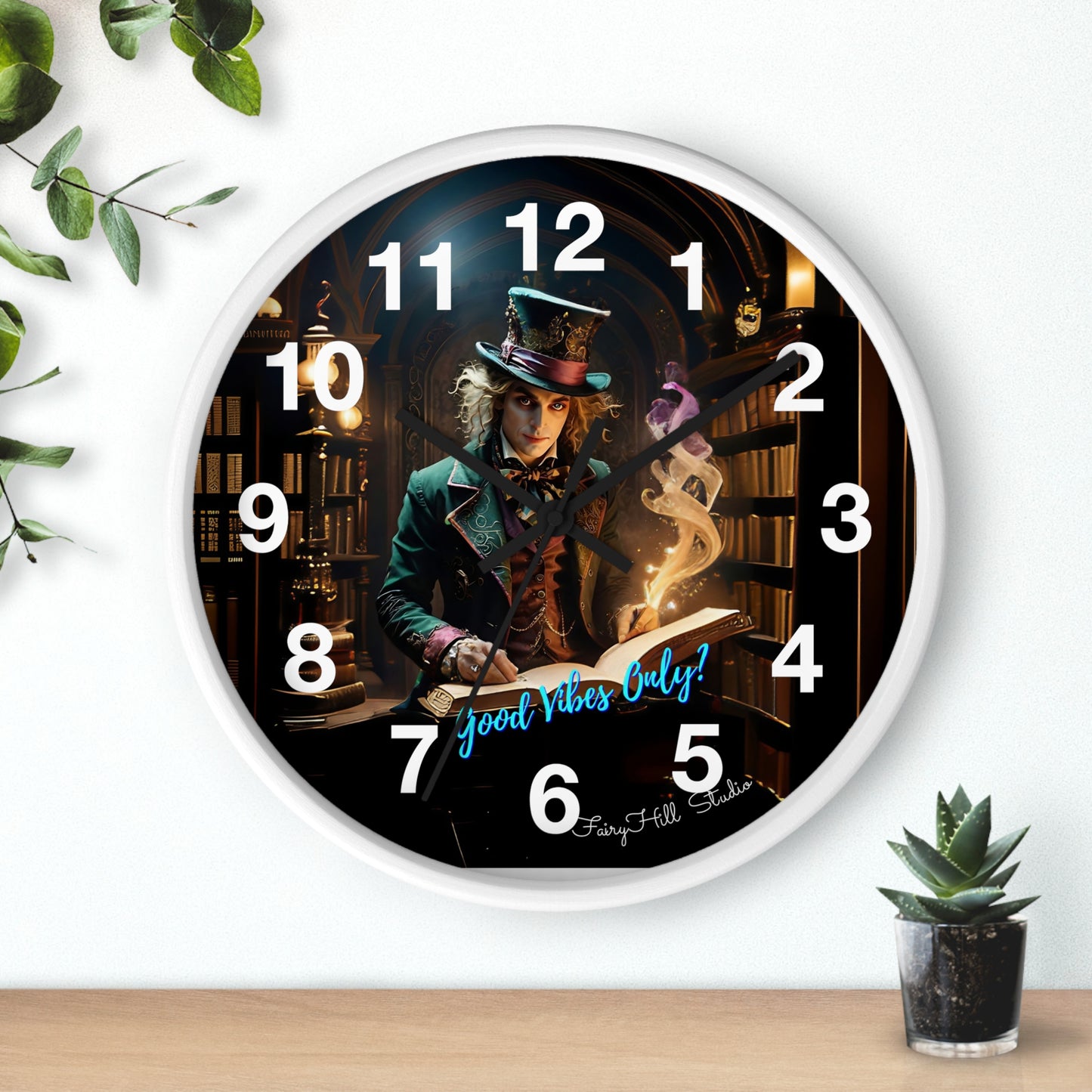 Whimsical Wall Clock - Good Vibes Only, Mad Hatter in a  Library Design
