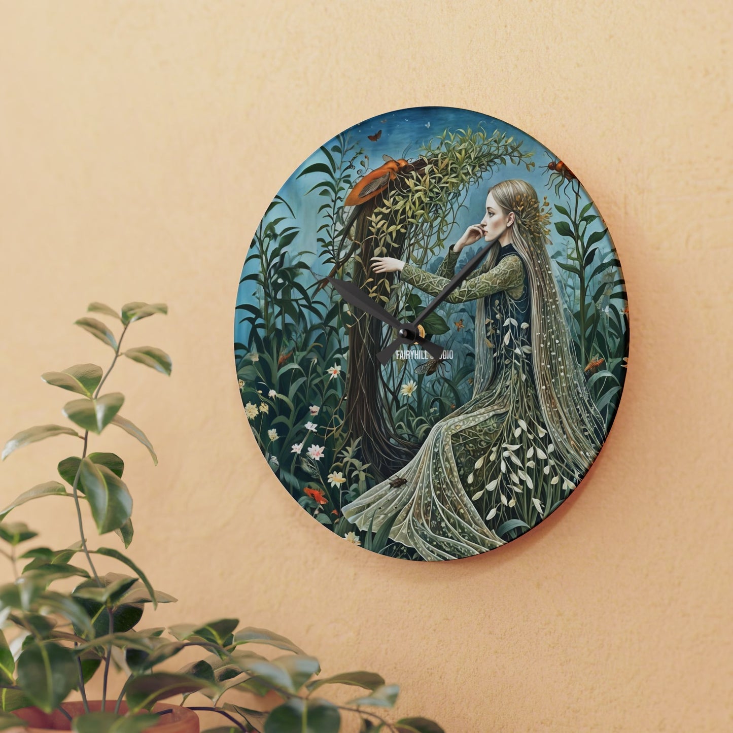 Acrylic Wall Clock - Botanical garden and creatures Art