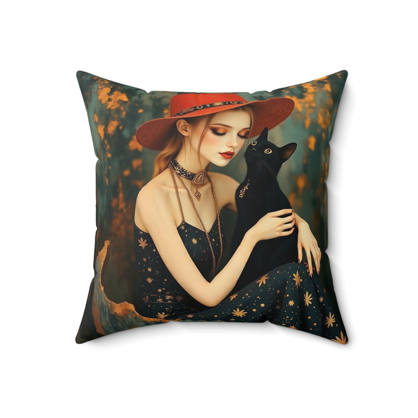 Girl with black cat Square Pillow - by Fairyhill Studio