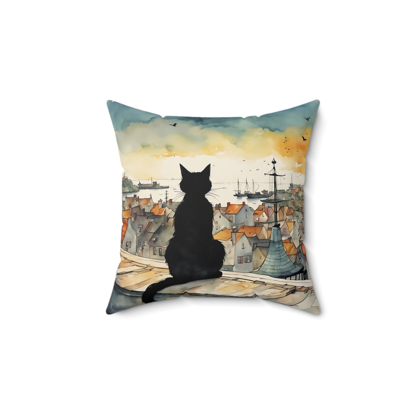 Black cat on a balcony Square Pillow - by Fairyhill Studio