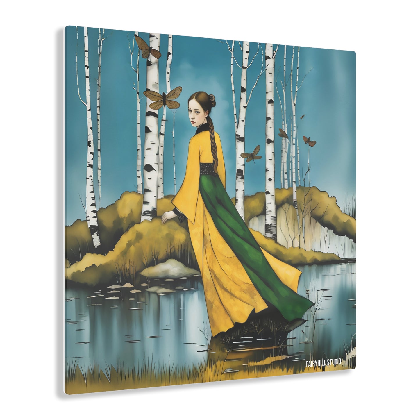 Art Acrylic Prints The girl with dragonflies in Birch Forest