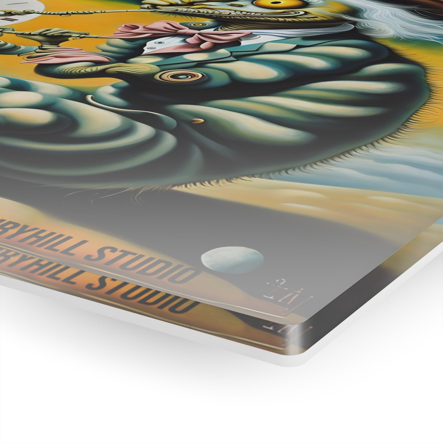 Acrylic Print - Whimsical Caterpillar in Top Hat and Pipe Under Clock Solitude