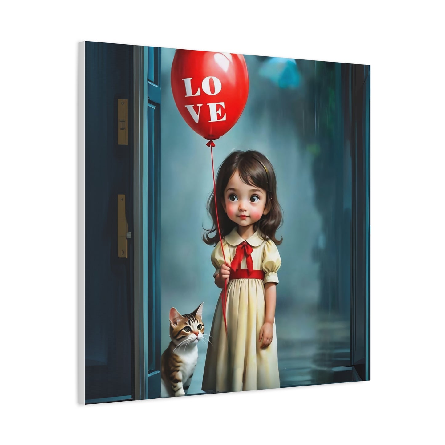 Canvas Print - Cute Girl with Red Love Balloon and Cat Art by Fairyhill Studio