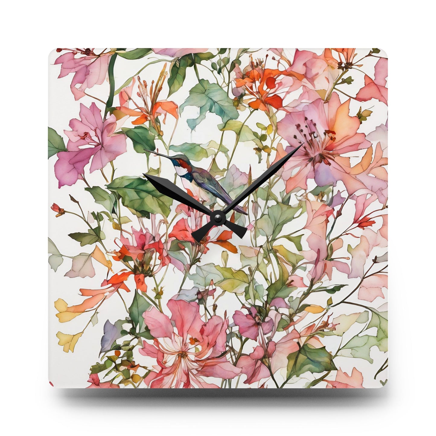 Wall Clock - Hummingbird in Pink Wild Flowers Watercolor Art by Fairyhill Studio