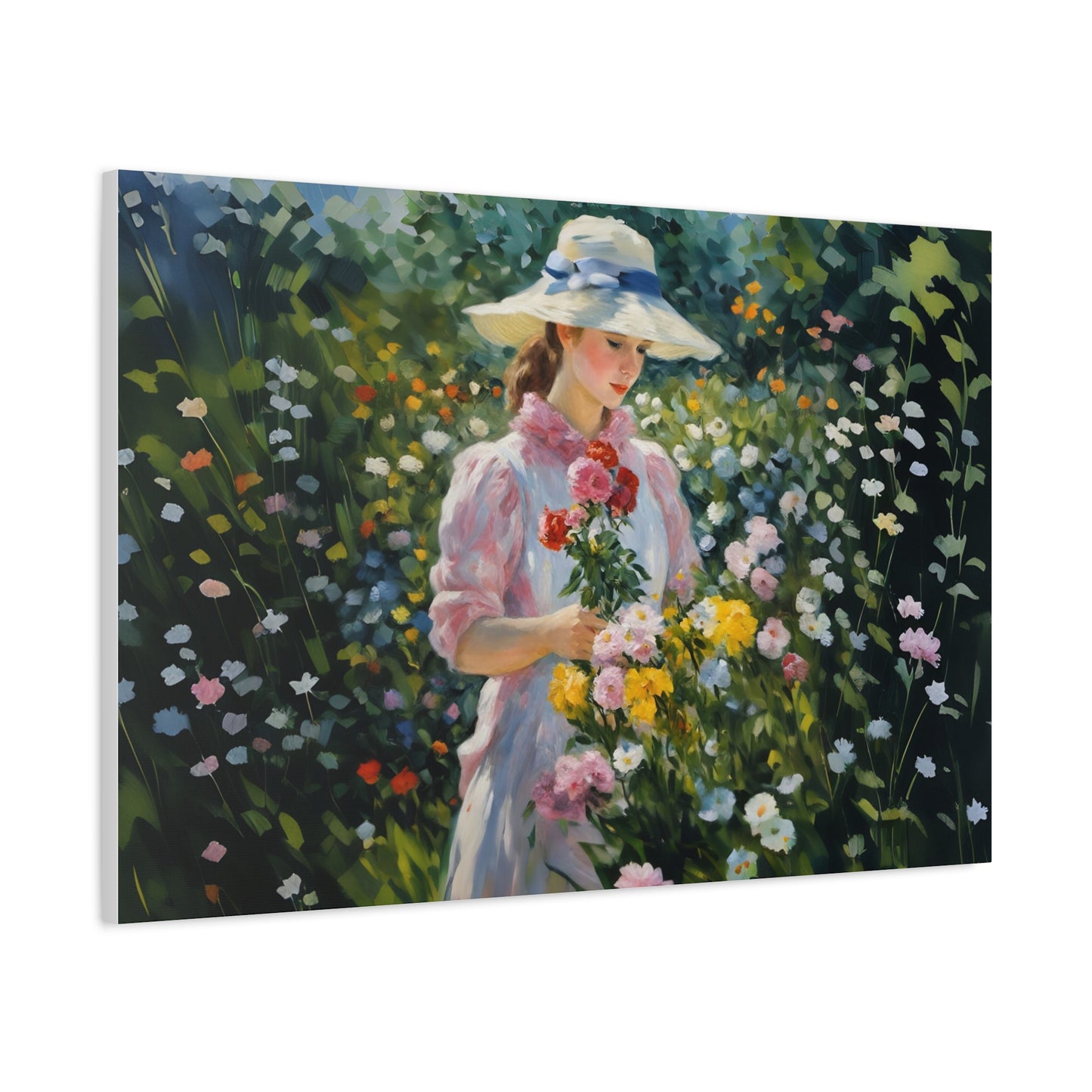 Canvas Art - Monet Style Floral Serenity with Elegant Woman and Flower Basket, Stretched Matte 1 25"