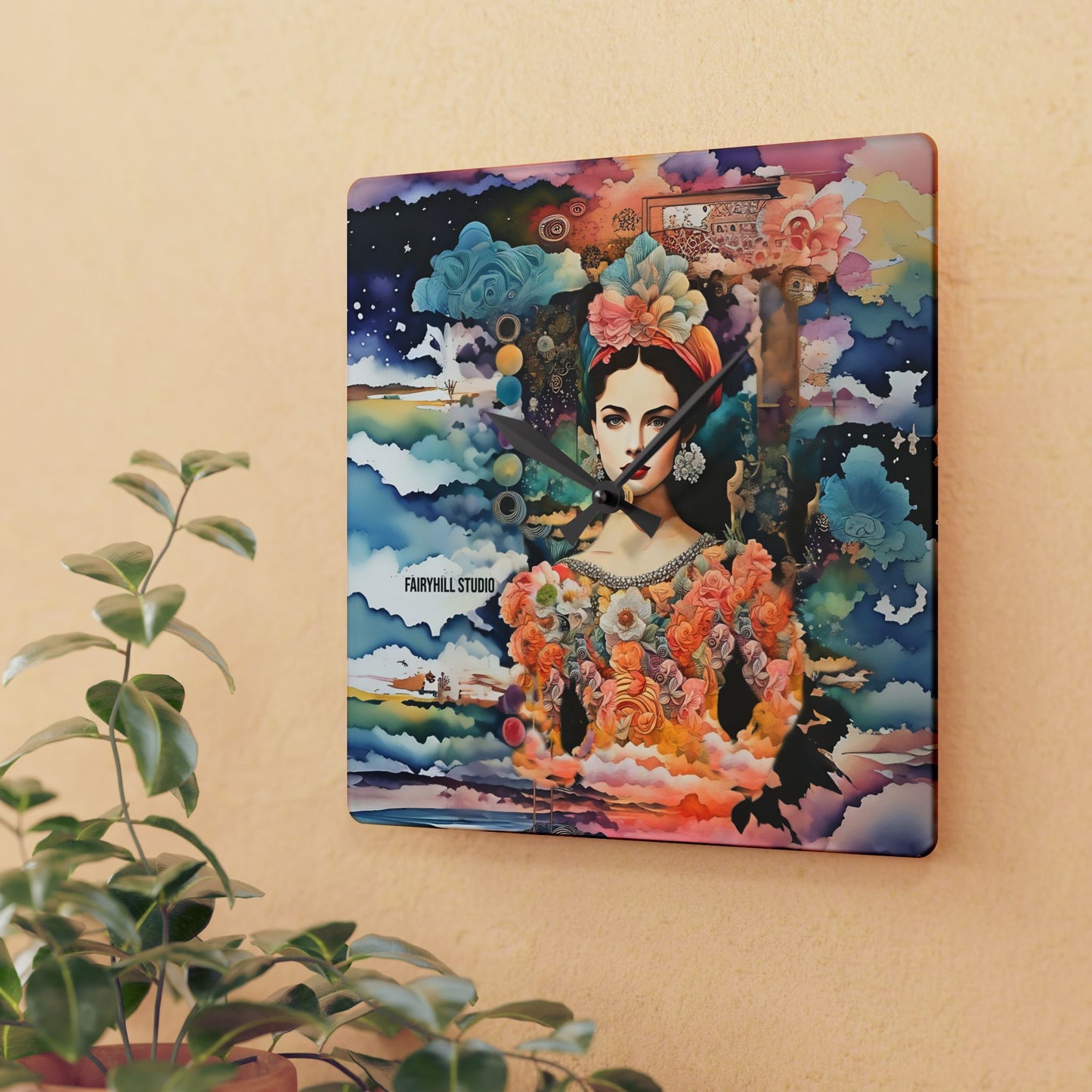 Wall Clock - Tropical Flower Girl Collage Art Acrylic Wall Clock