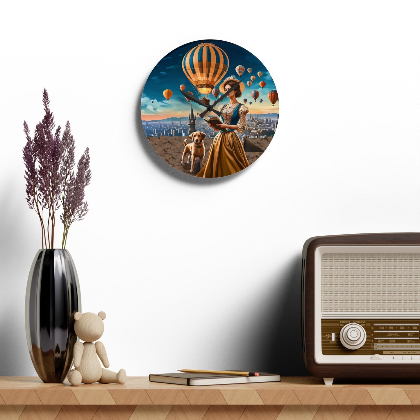 Wall Clock - Hot Air Balloons and Victorian Girl Reading with Dog Design