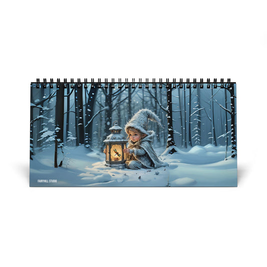 Desk Calendar - Winter Elf and Dragonfly Lantern Magical Holiday Art 2025 Grid