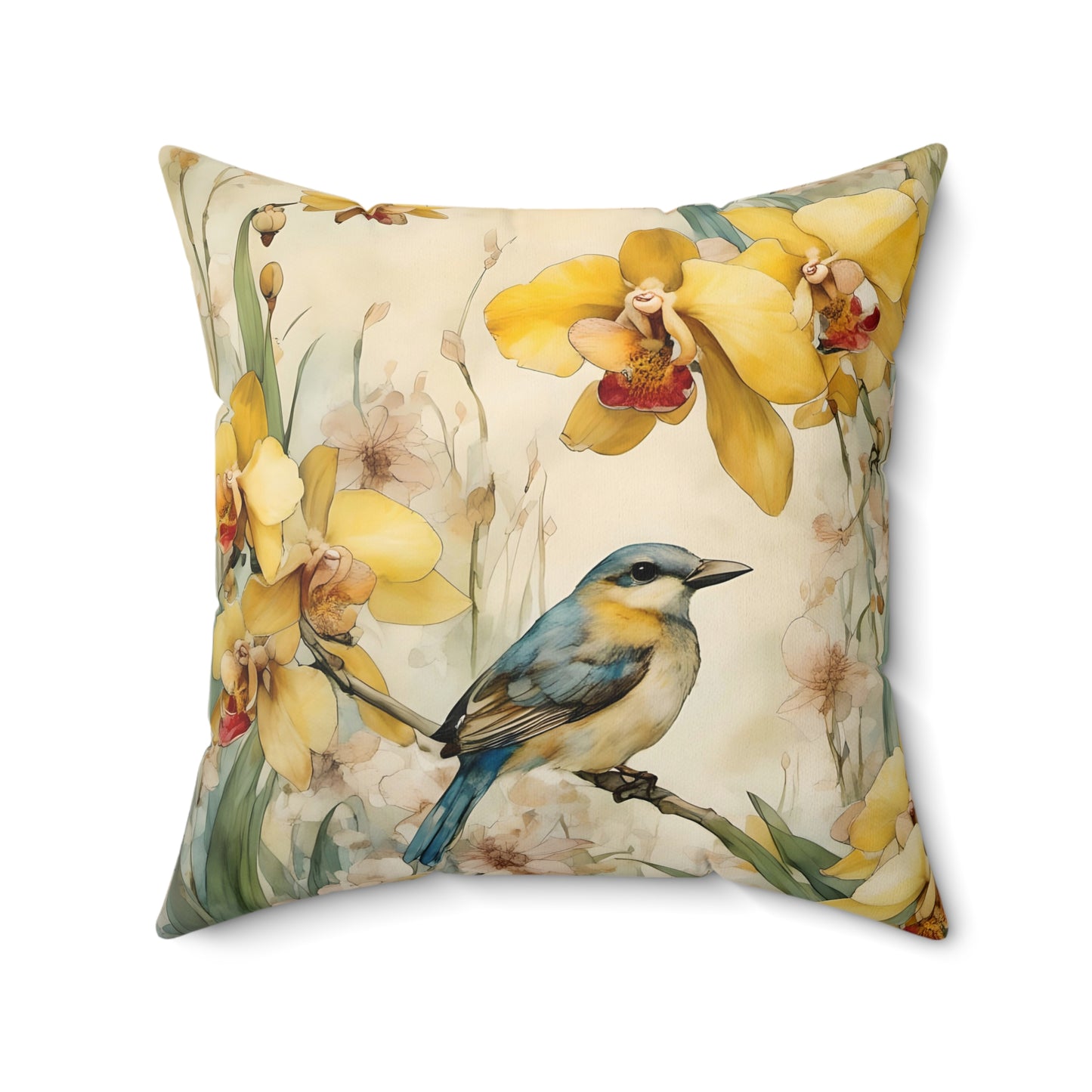 Square Pillow Blue Bird Yellow Flowers Summer Art Throw Pillow