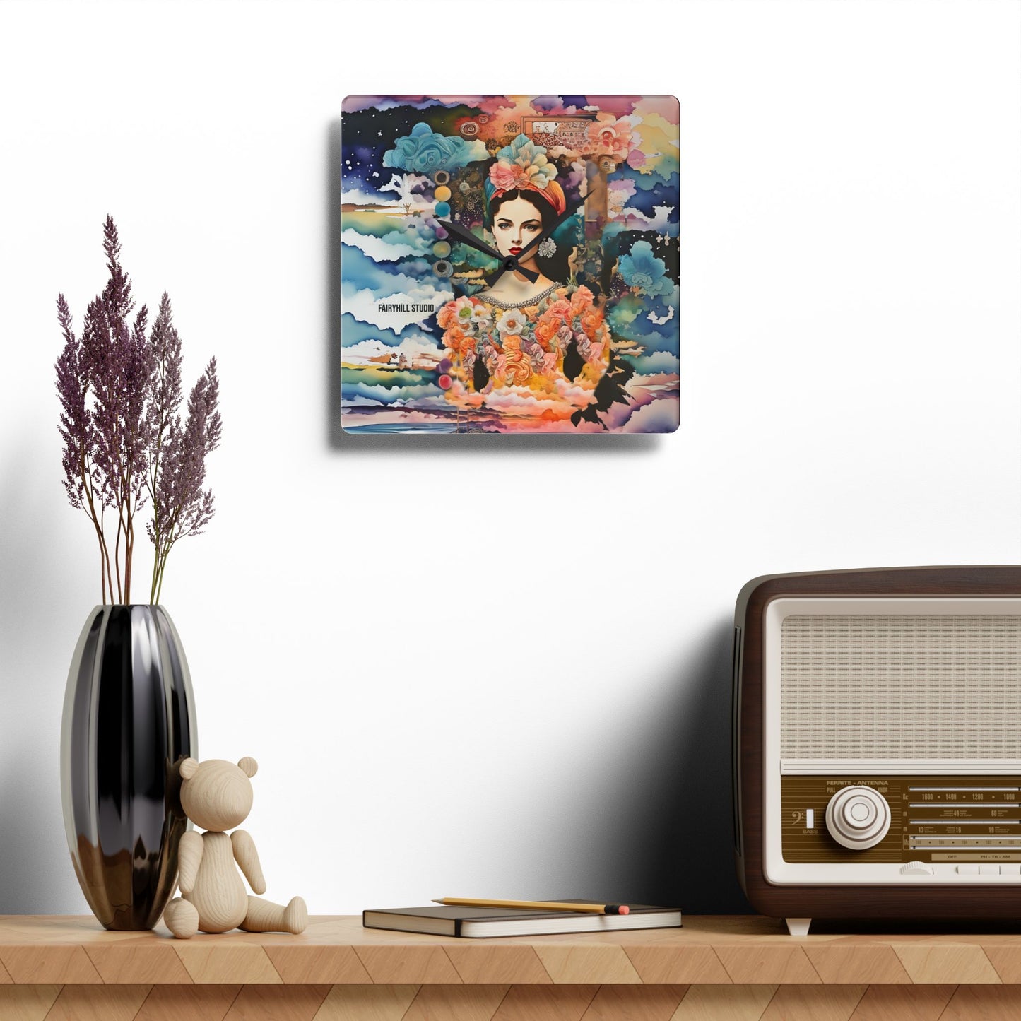Wall Clock - Tropical Flower Girl Collage Art Acrylic Wall Clock