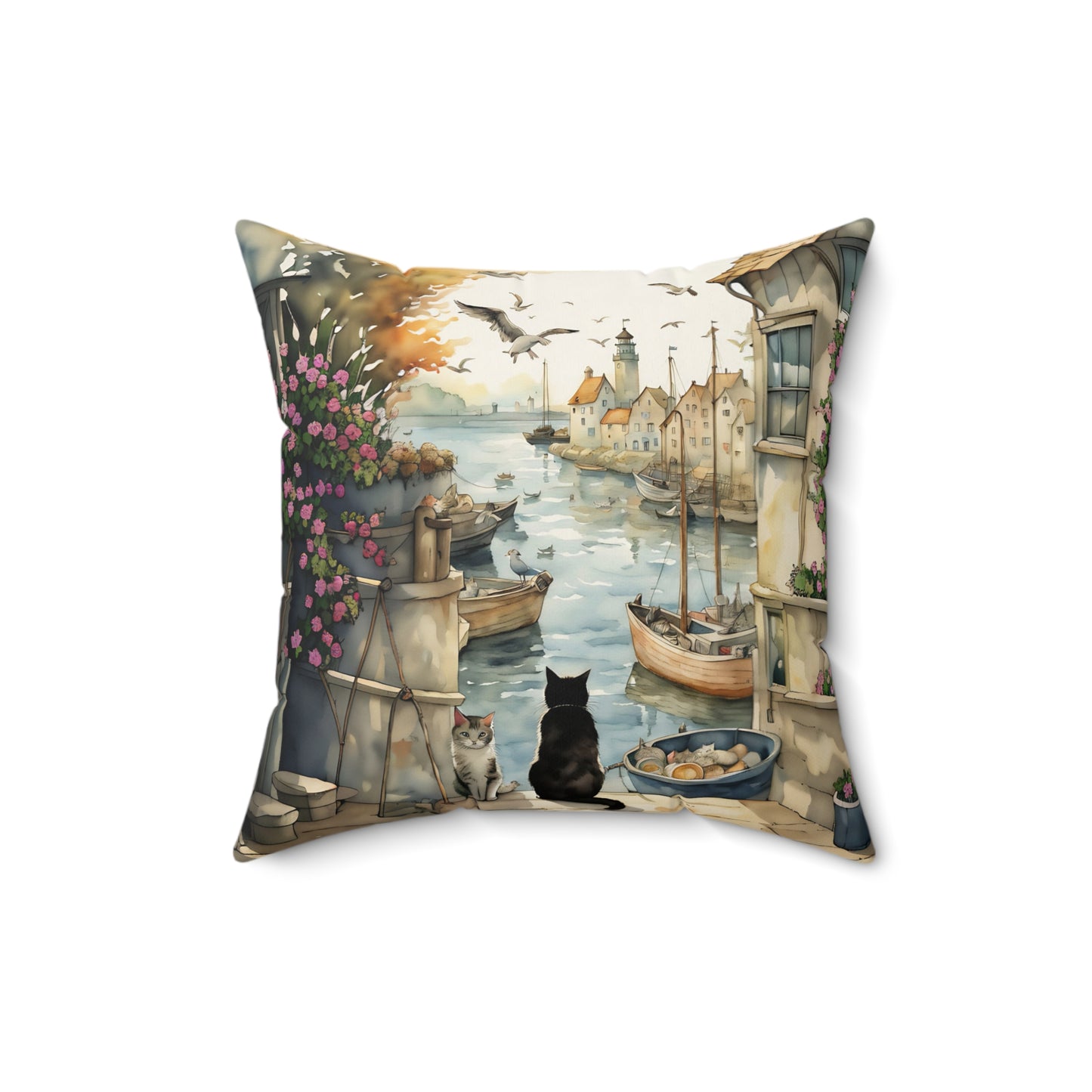 Harbour Cats Square Pillow - by Fairyhill Studio