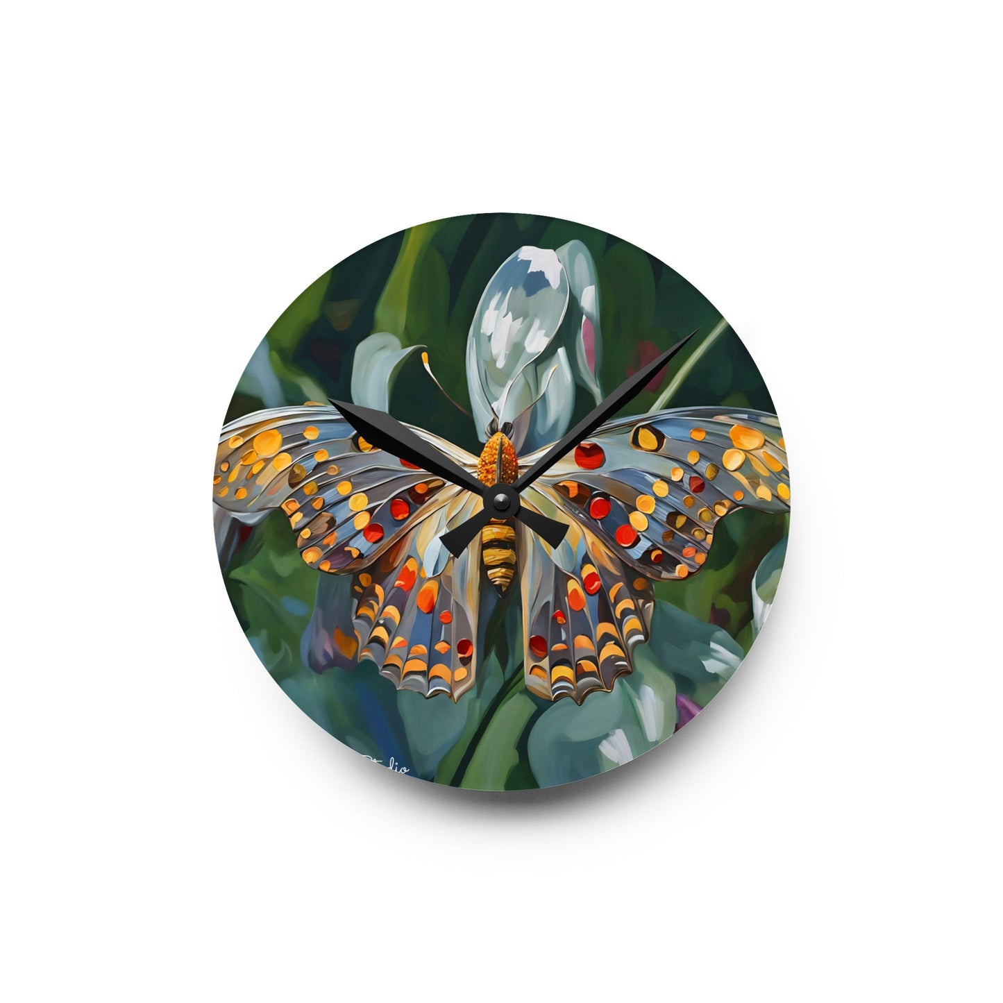Acrylic Wall Clock - Lovely Butterfly on a Flower Art