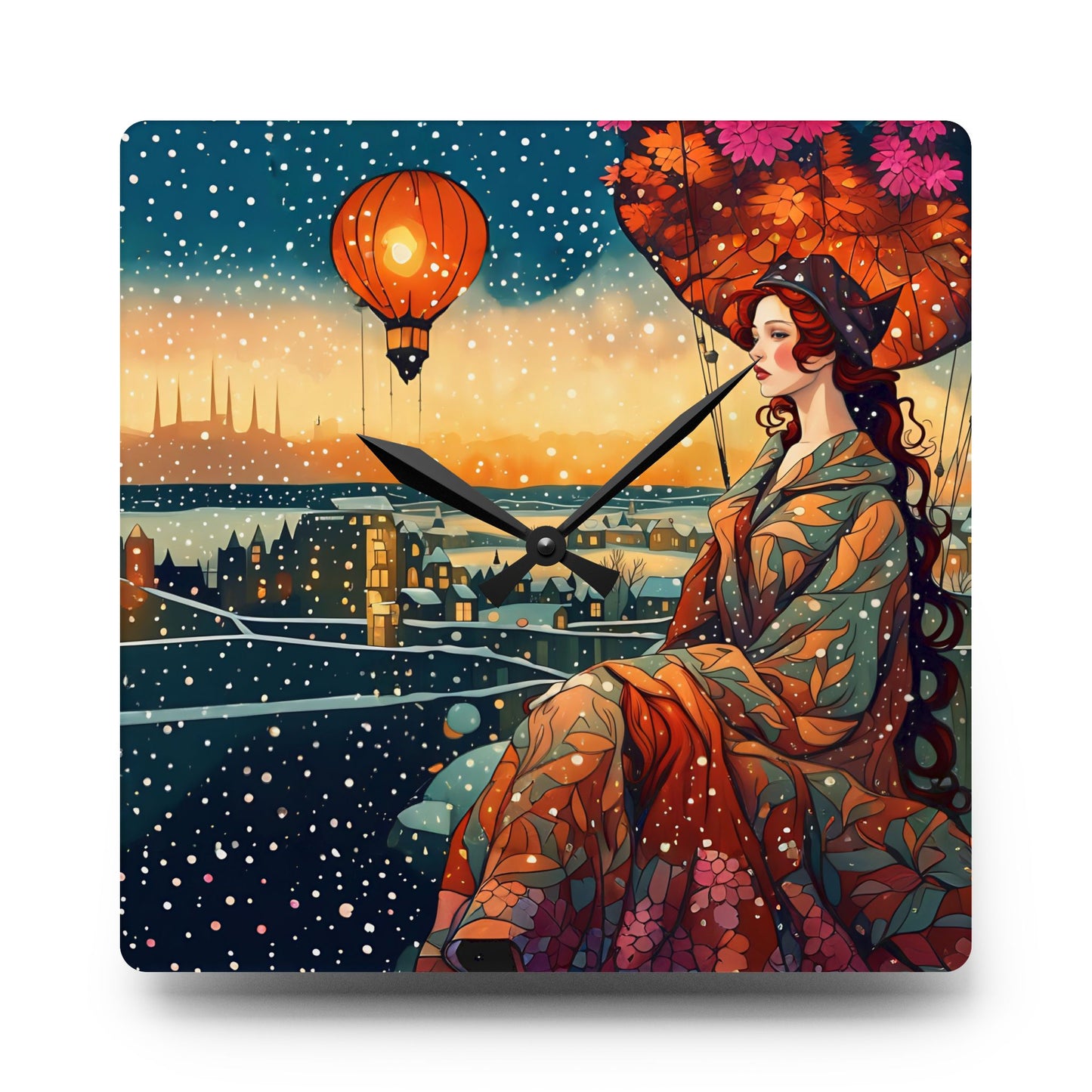 Acrylic Wall Clock - City Watching Girl with Hot Air Balloons Snowy Day Design