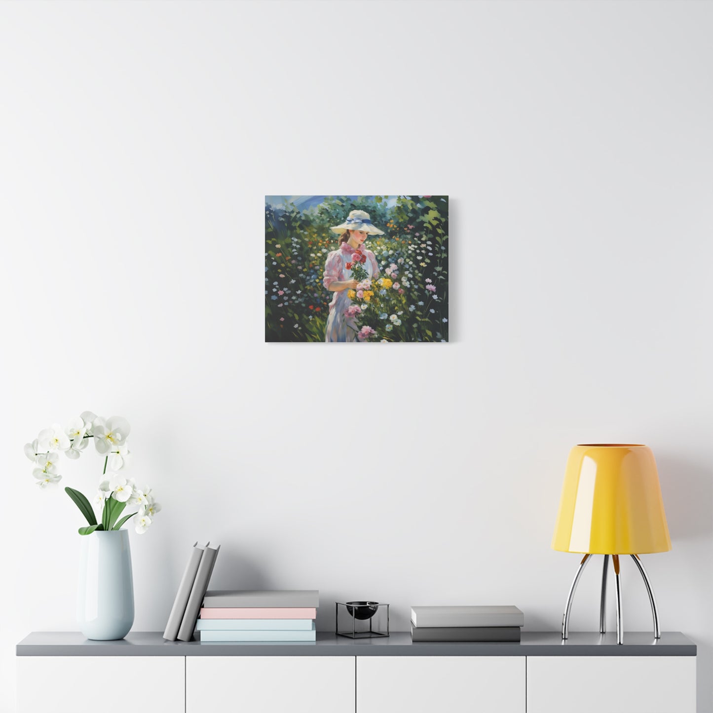 Canvas Art - Monet Style Floral Serenity with Elegant Woman and Flower Basket, Stretched Matte 1 25"