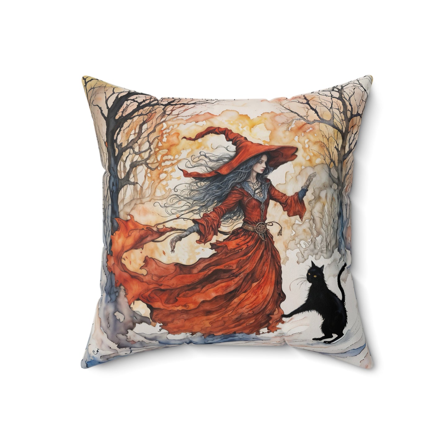 Crimson witch with black cat pillow  Square Pillow - by Fairyhill Studio