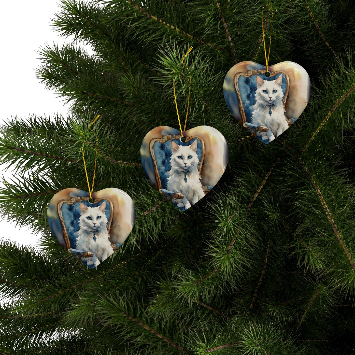 Ceramic Ornaments - White Cat on Blue Chair - 2-Side Print - Holiday Decor