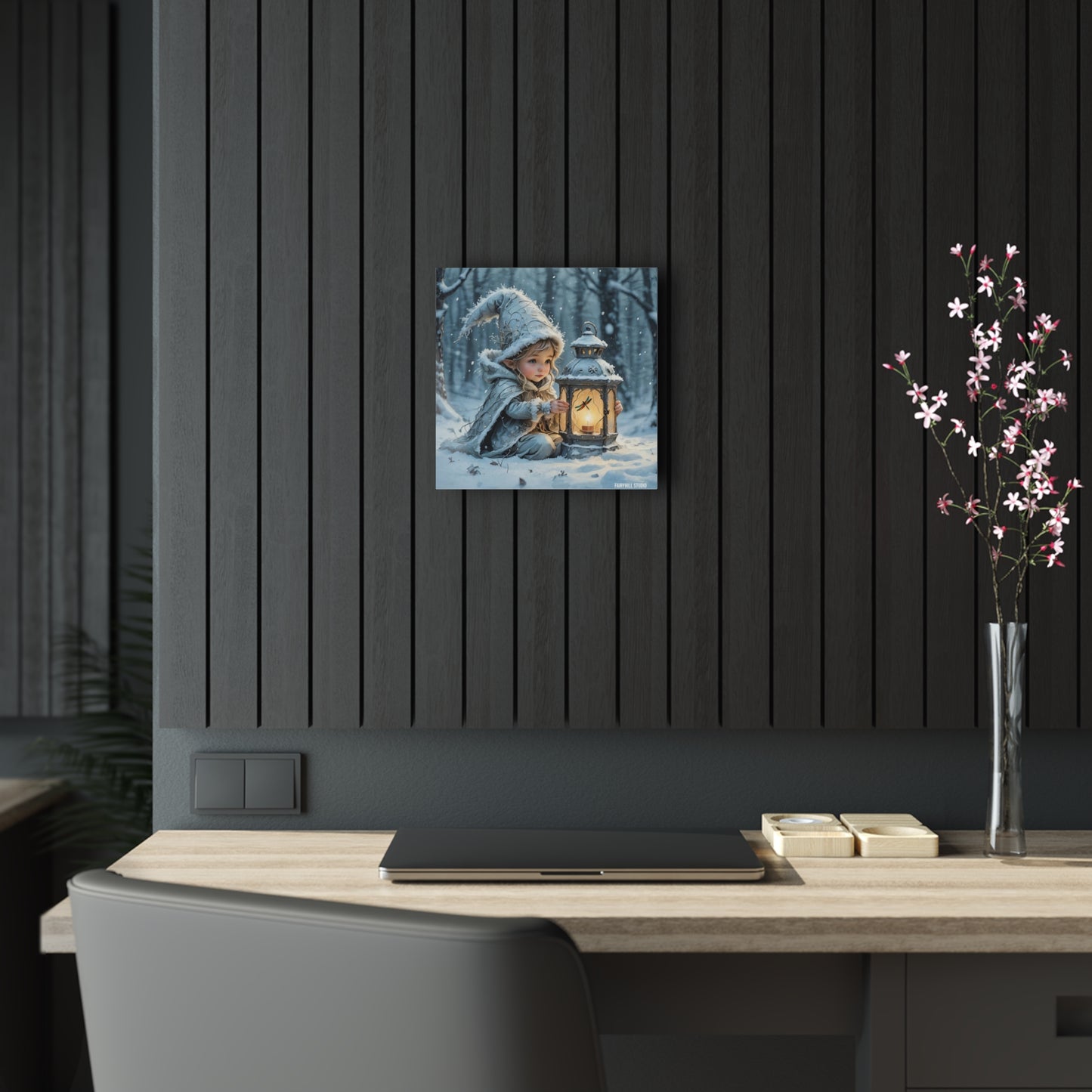 Acrylic Print - Cute Elf with Dragonfly Lantern in Winter Snow Holiday Art