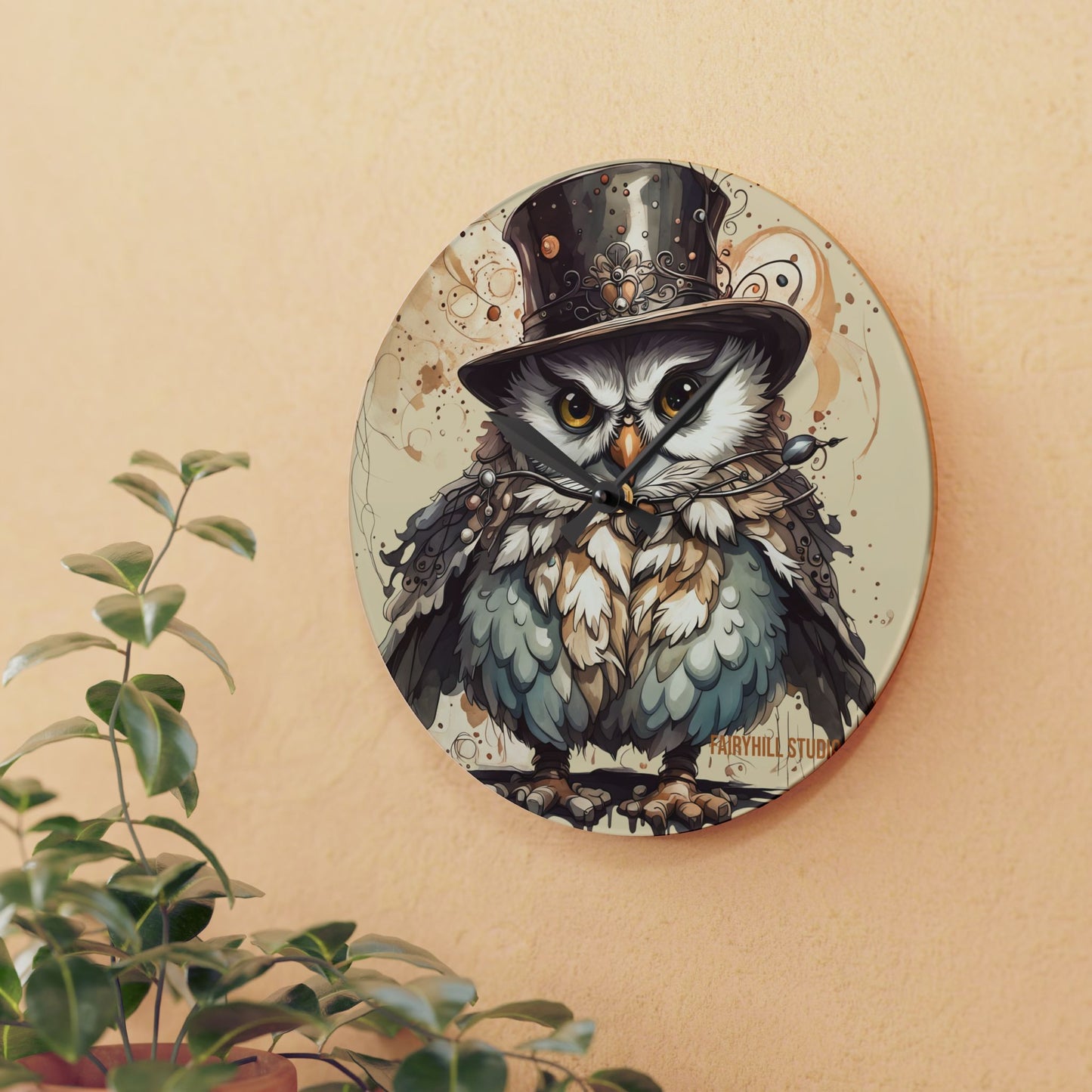 Acrylic Wall Clock - Cute Night Owl Steampunk Art
