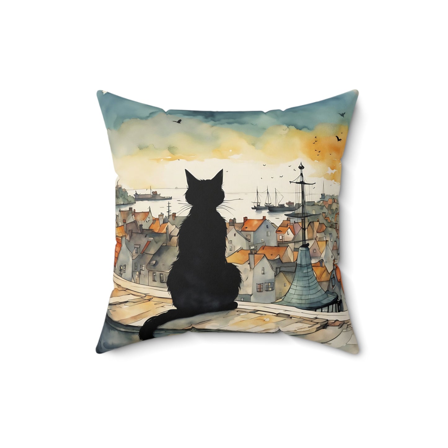 Black cat on a balcony Square Pillow - by Fairyhill Studio