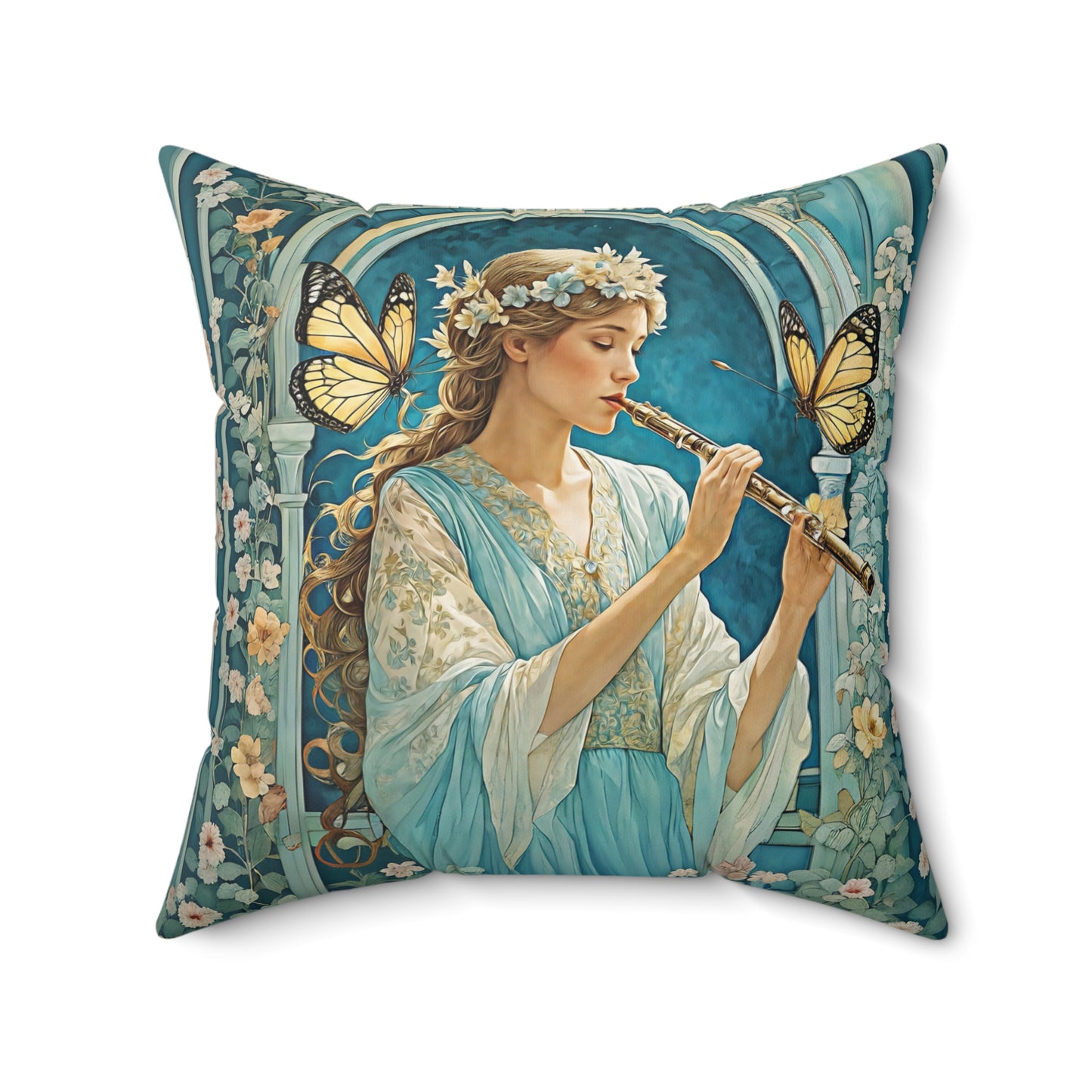 Butterfly / Flute player   Square Pillow -  by Fairyhill Studio