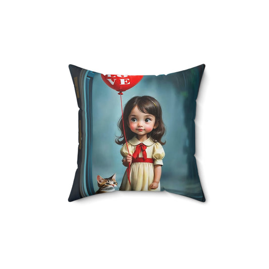 Square Pillow - Cute Girl with Red Love Balloon and Cat Art by Fairyhill Studio