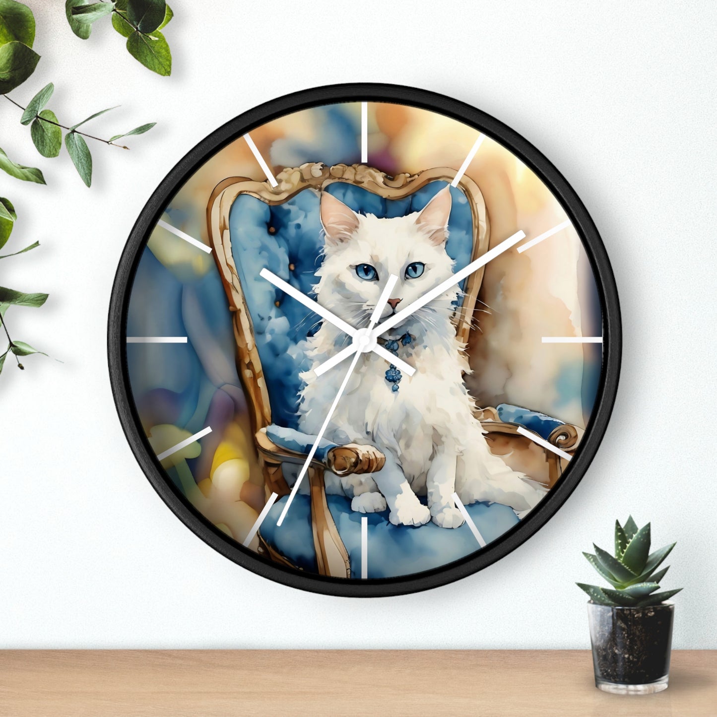 Wall Clock - White Cat with Blue Eyes Art by Fairy Hill Studio