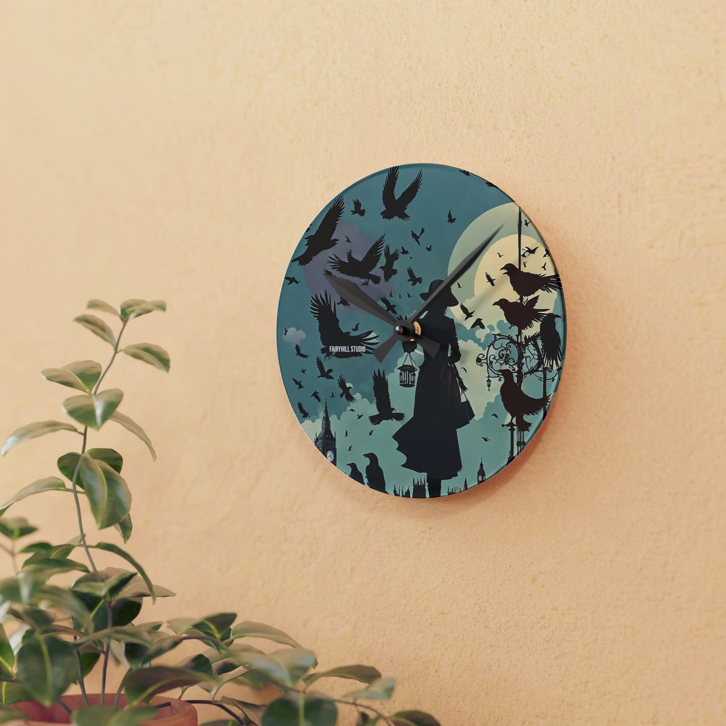 Wall Clock - Lady with Crows in London Alfred Hitchcock Movie The Birds Inspired Design