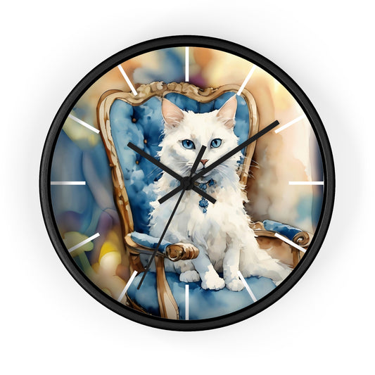 Wall Clock - White Cat with Blue Eyes Art by Fairy Hill Studio