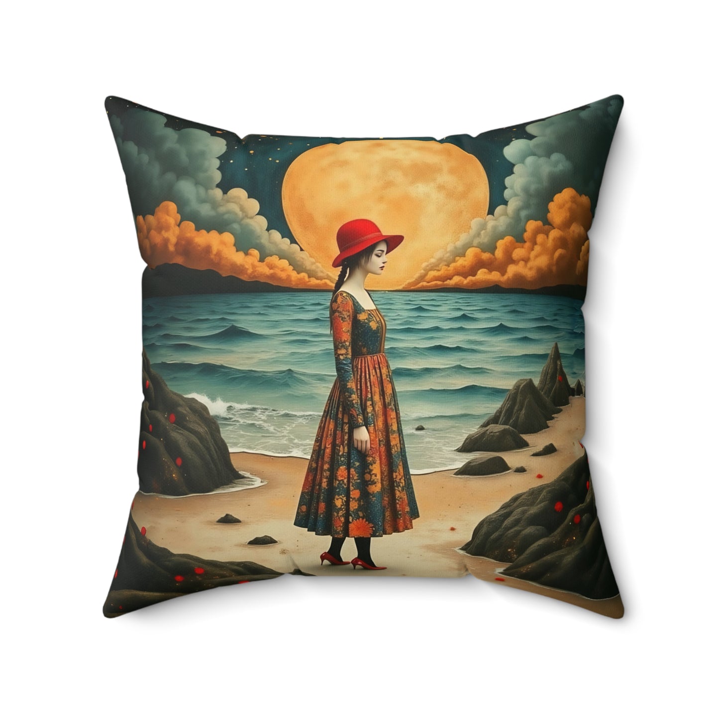 Moonlight girl with red hat Square Pillow - by Fairyhill Studio