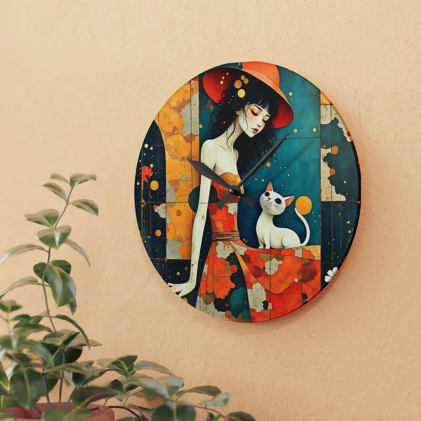 Witch with white cat Acrylic Wall Clock