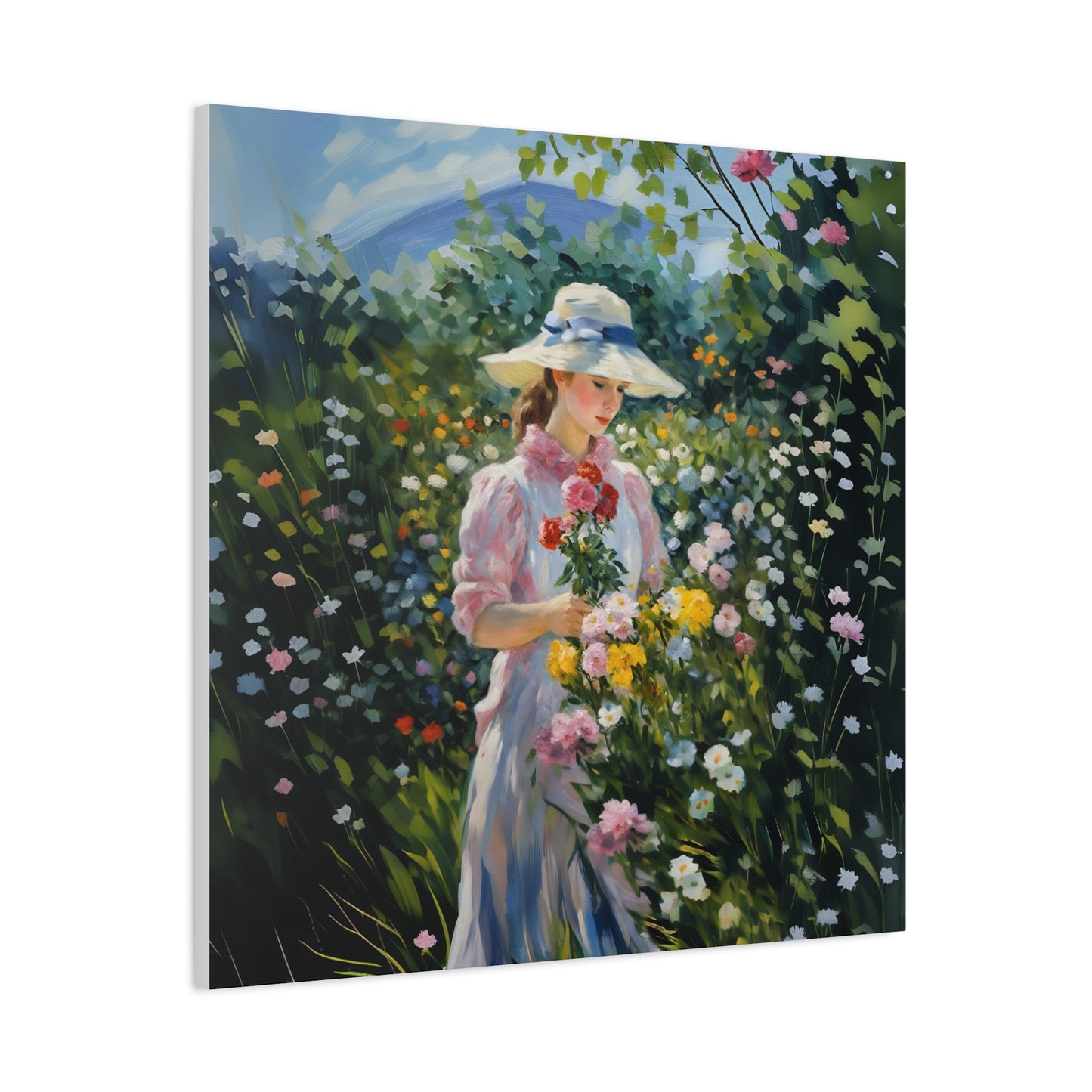 Canvas Art - Monet Style Floral Serenity with Elegant Woman and Flower Basket, Stretched Matte 1 25"