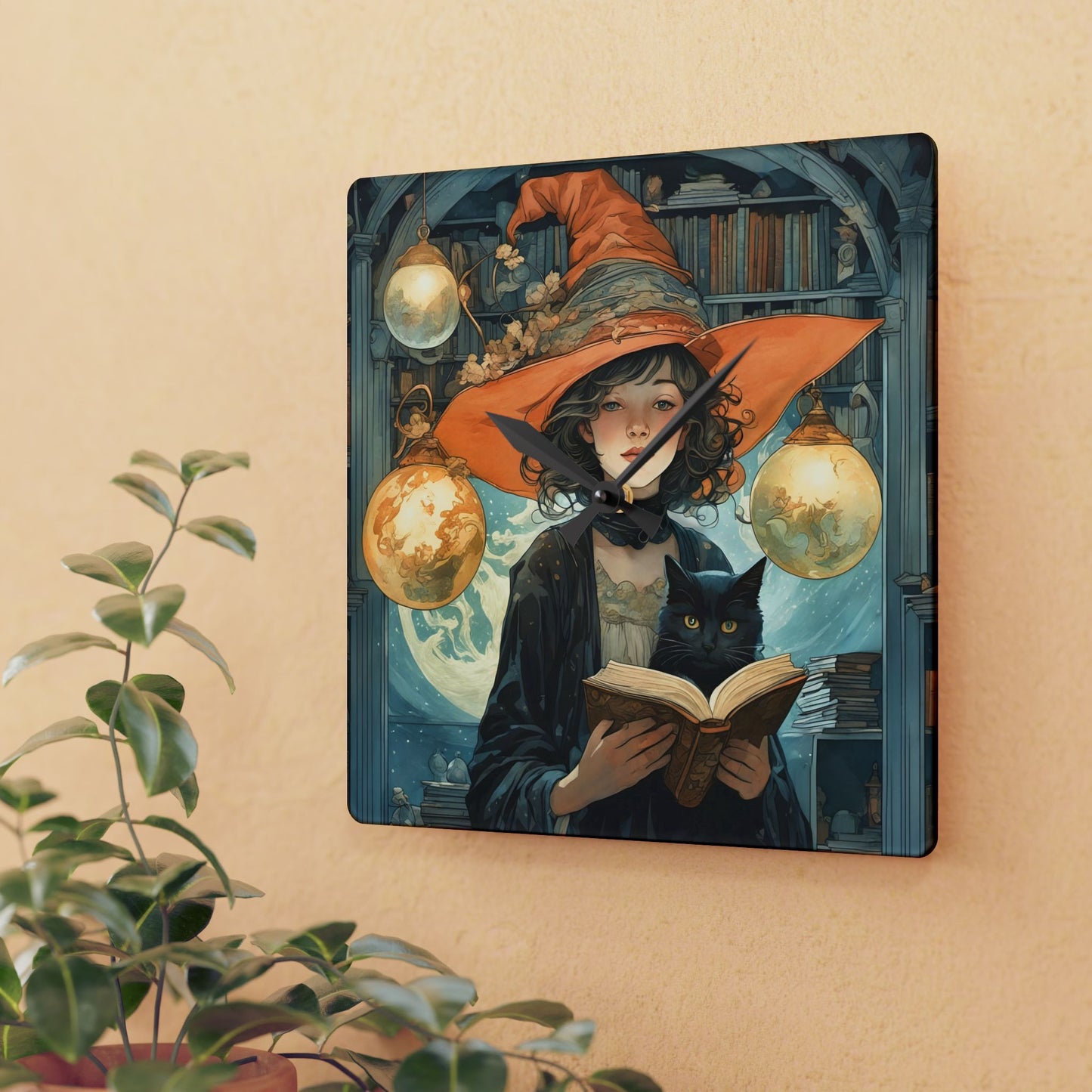 Acrylic Wall Clock - Witch and Black Cat Reading Book Art by Fairyhill Studio