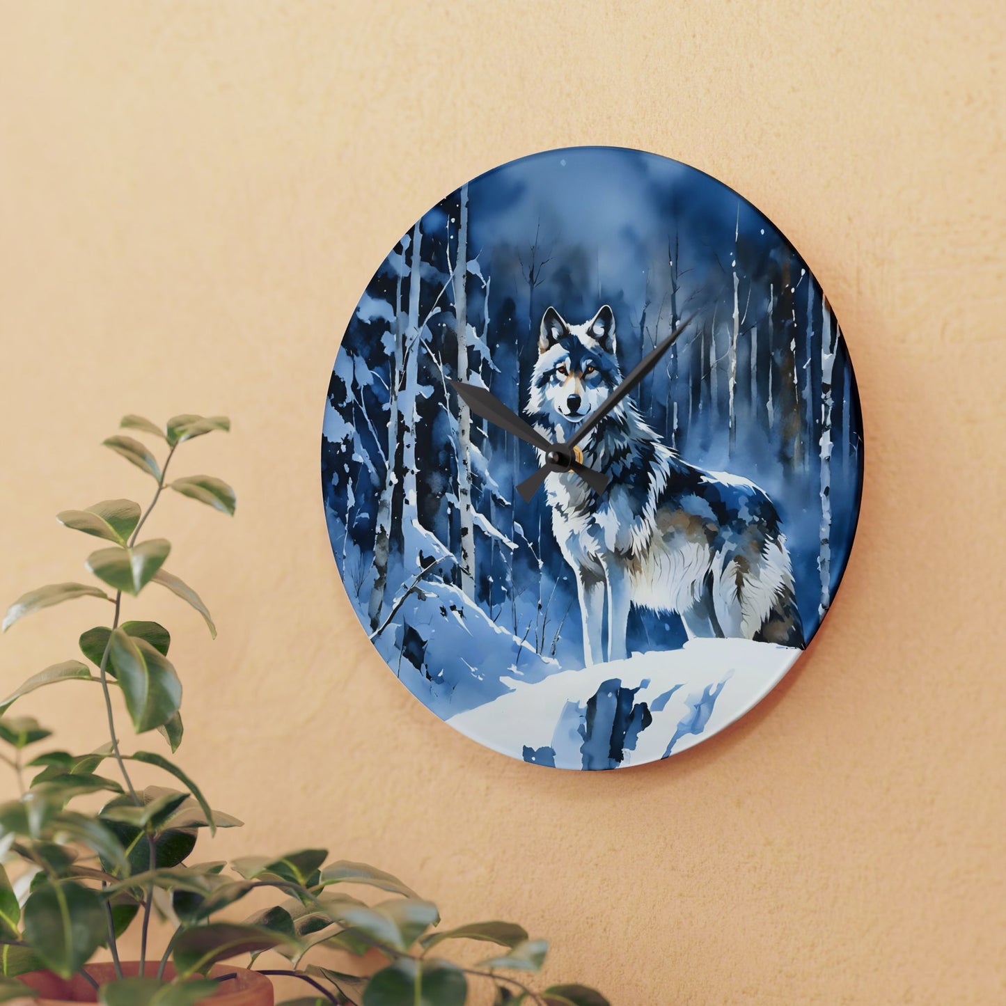 Acrylic Wall Clock - Winter Wolf at Night Blue/Black Art by Fairyhill Studio