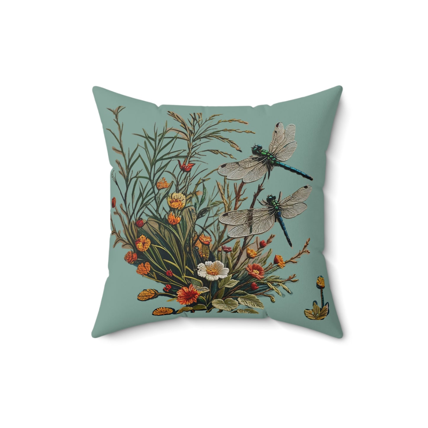 Square Pillow - Dragonflies on a Blue Pond with flowers Art by Fairyhill Studio
