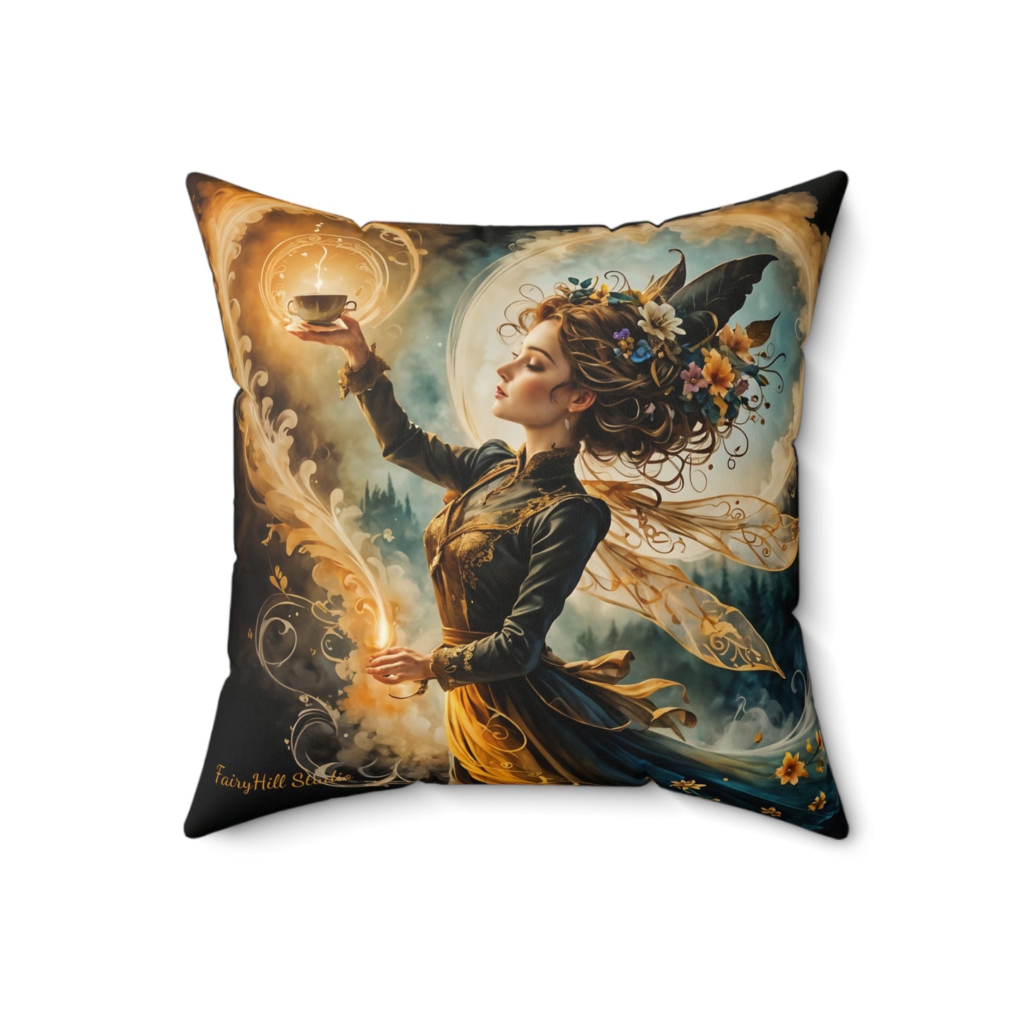 Square Pillow - Lovely Magical Fairy Holding a Candle Whimsical Art by Fairyhill Studio