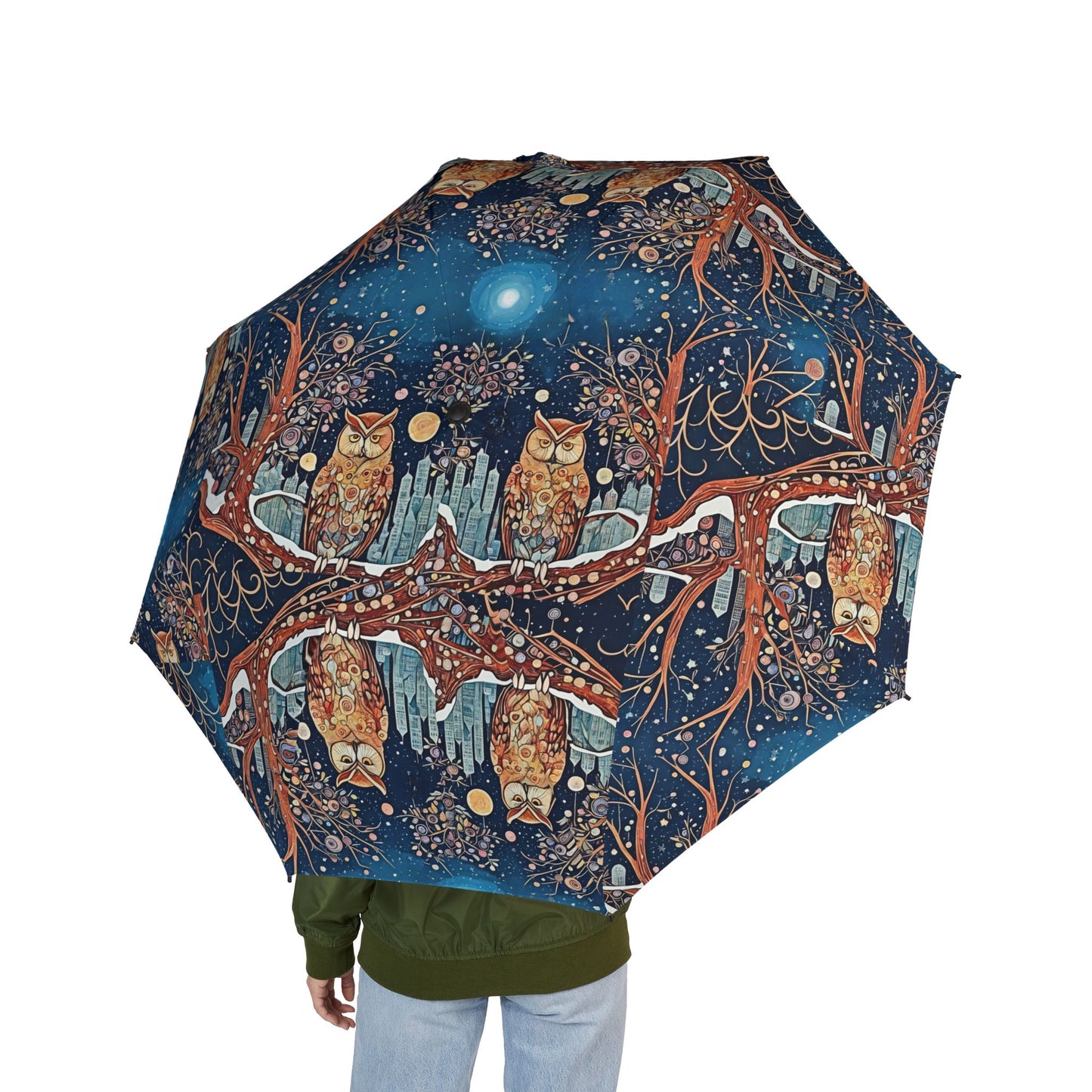 Artistic Owl Design Semi-Automatic Foldable Umbrella, Unique Rain Gear, Gift for Nature Lovers, Stylish Outdoor Accessory, Floral Print