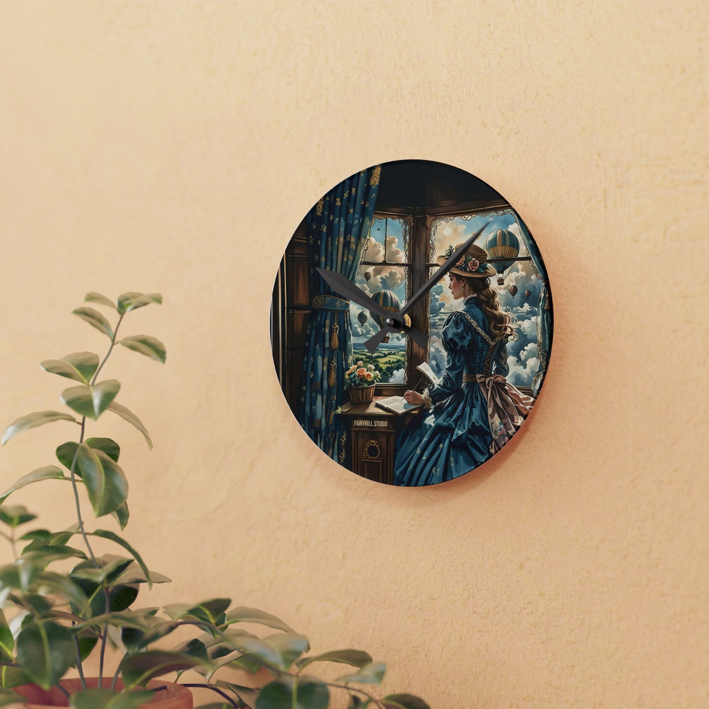 Acrylic Wall Clock -Victorian girl watching the Hot Air Balloons