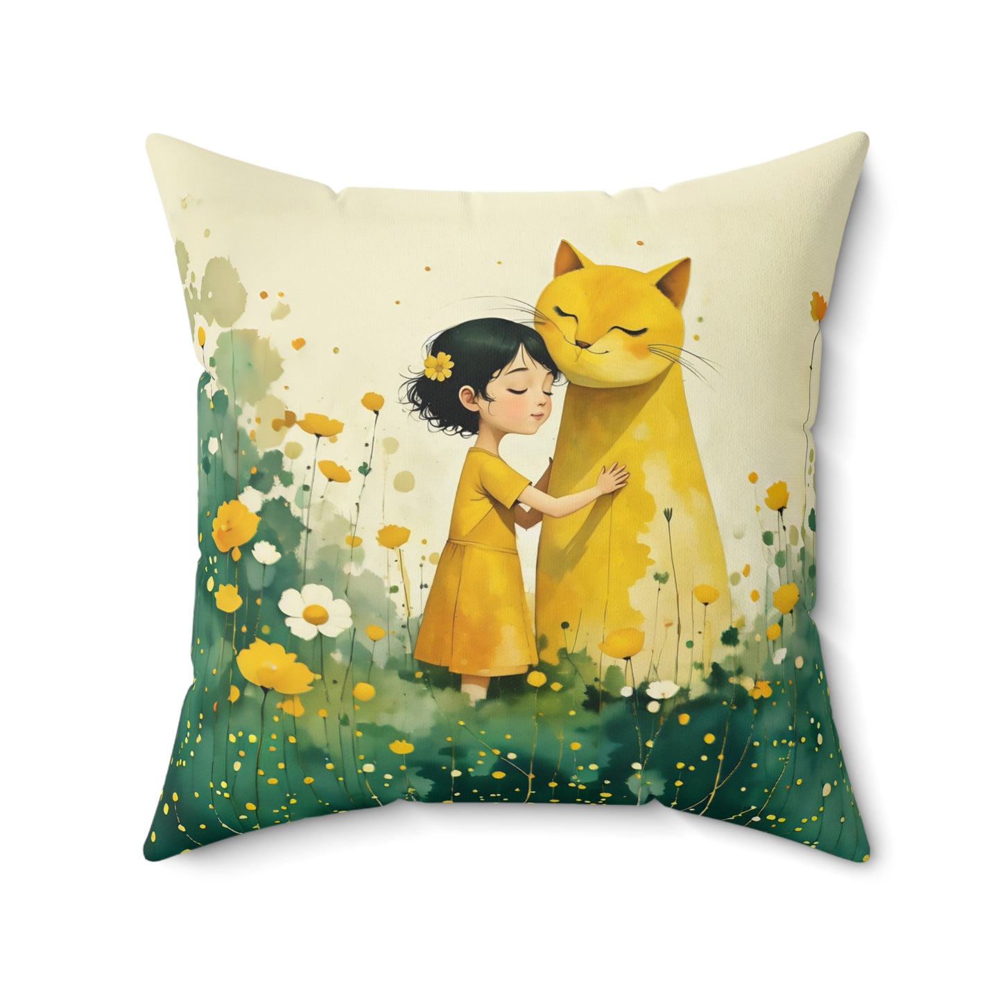 Girl with yellow cat Square Pillow - by Fairyhill Studio