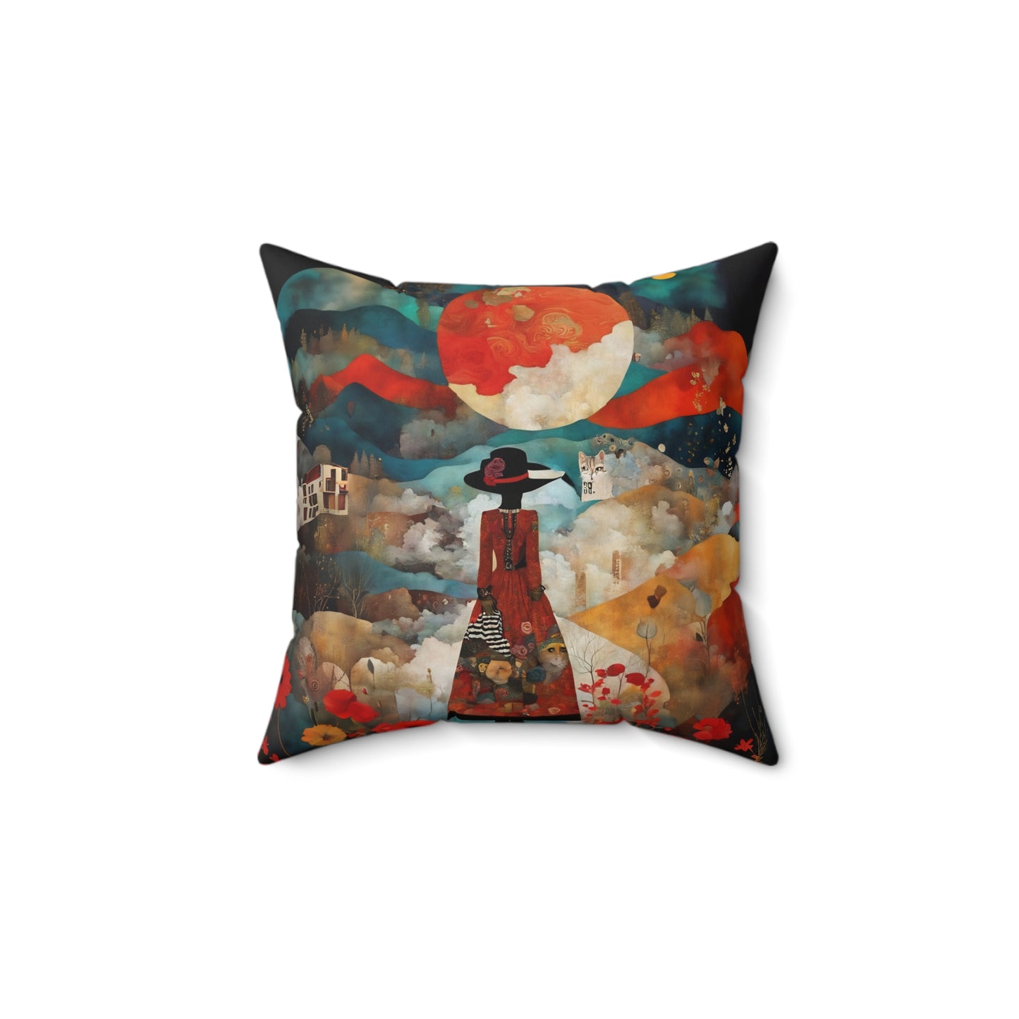 Moon struck/Red poppies Square Pillow - by Fairyhill Studio