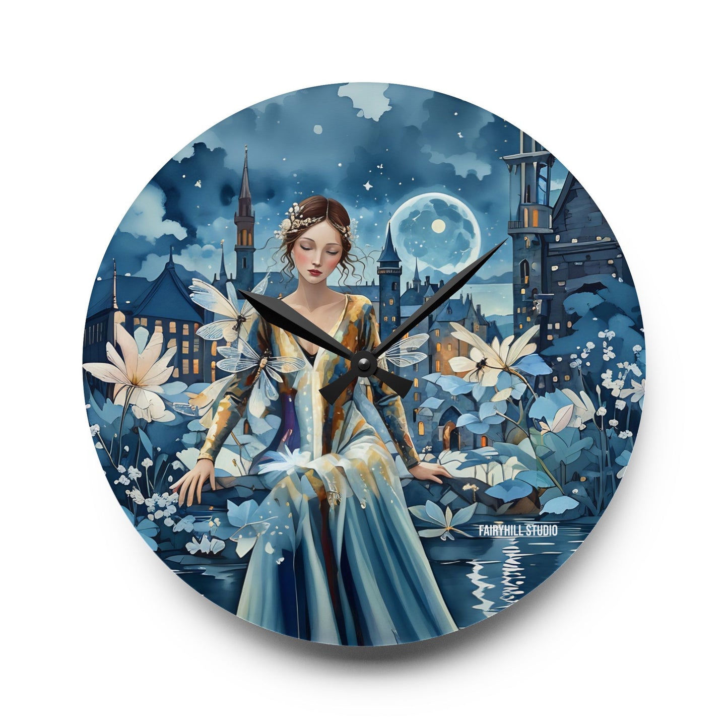 Acrylic Wall Clock Beauty in Blue with dragonflies /Art