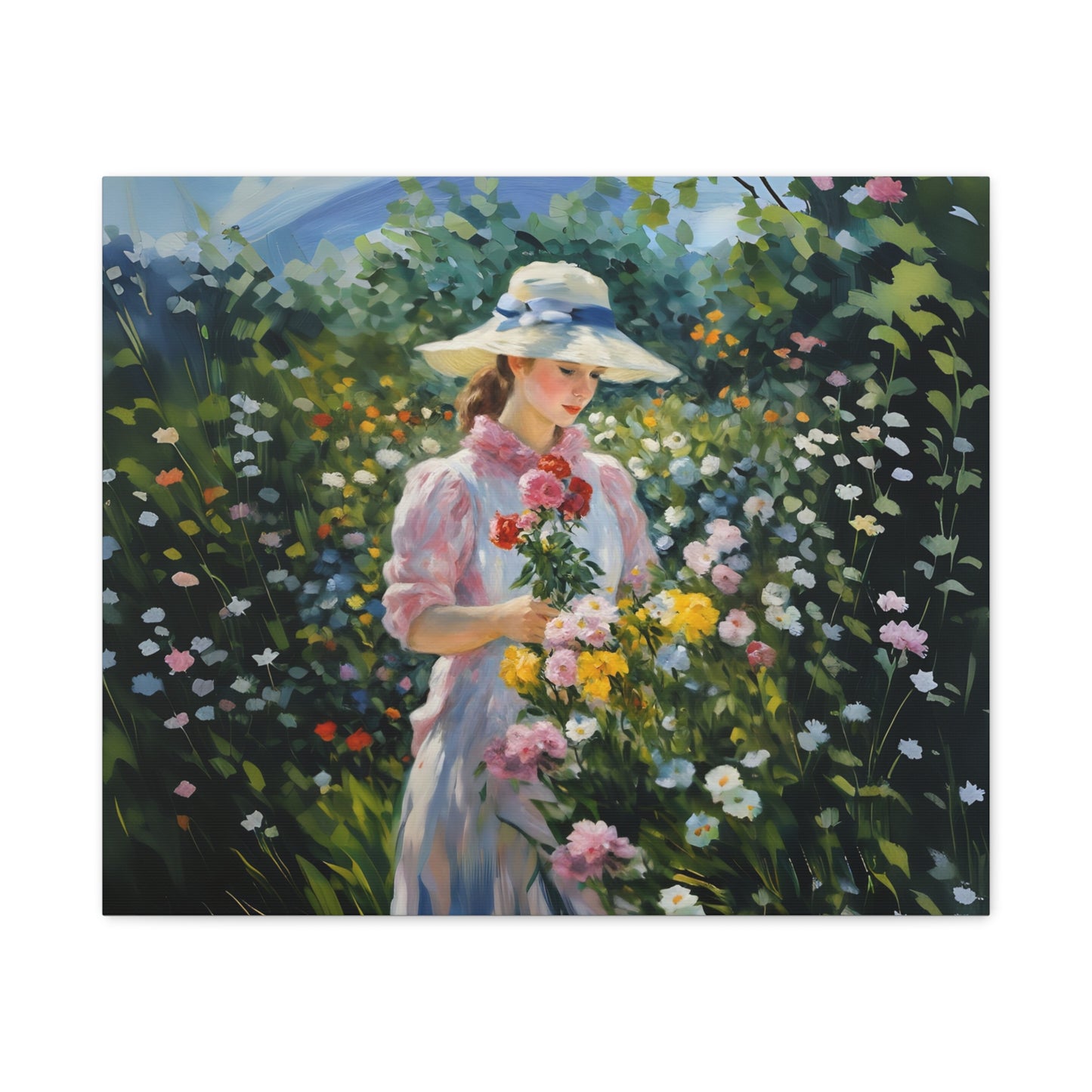 Canvas Art - Monet Style Floral Serenity with Elegant Woman and Flower Basket, Stretched Matte 1 25"