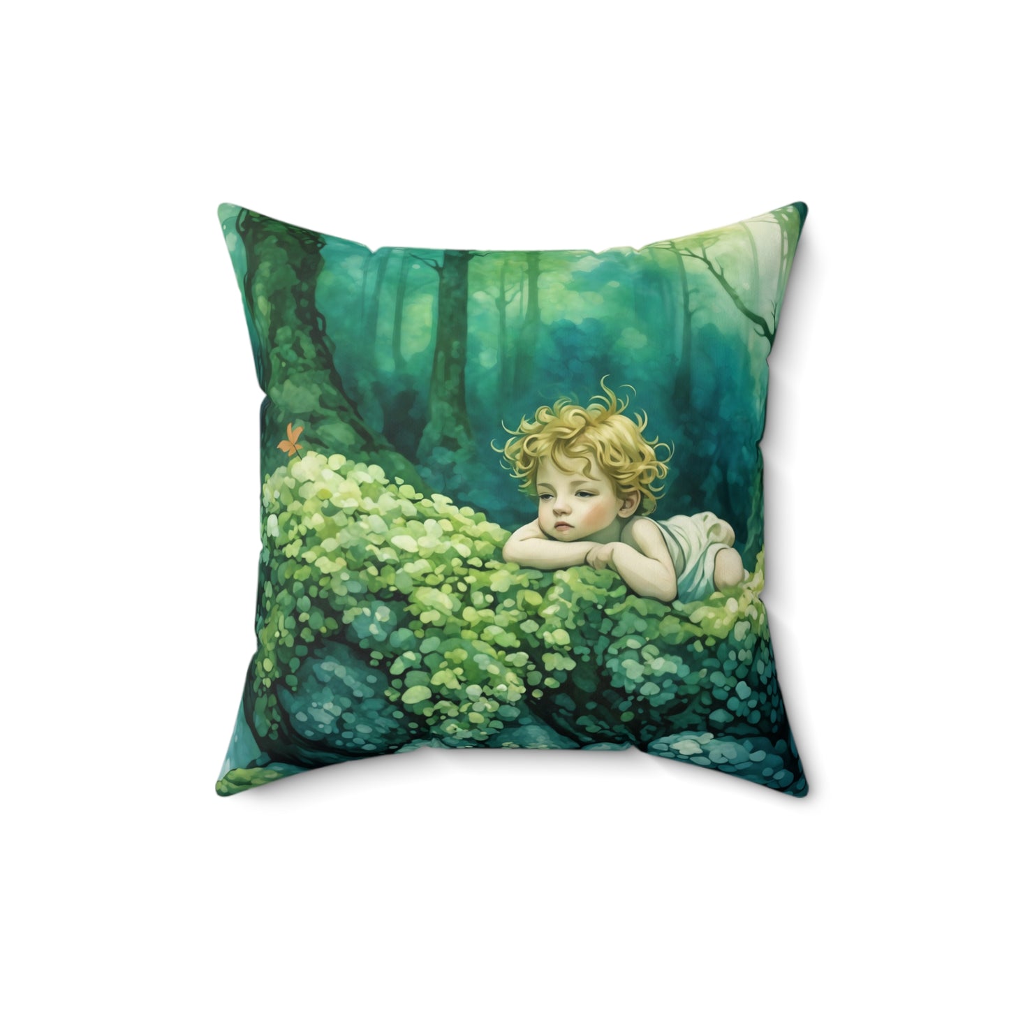 Cherub in the woods Square Pillow - by Fairyhill Studio