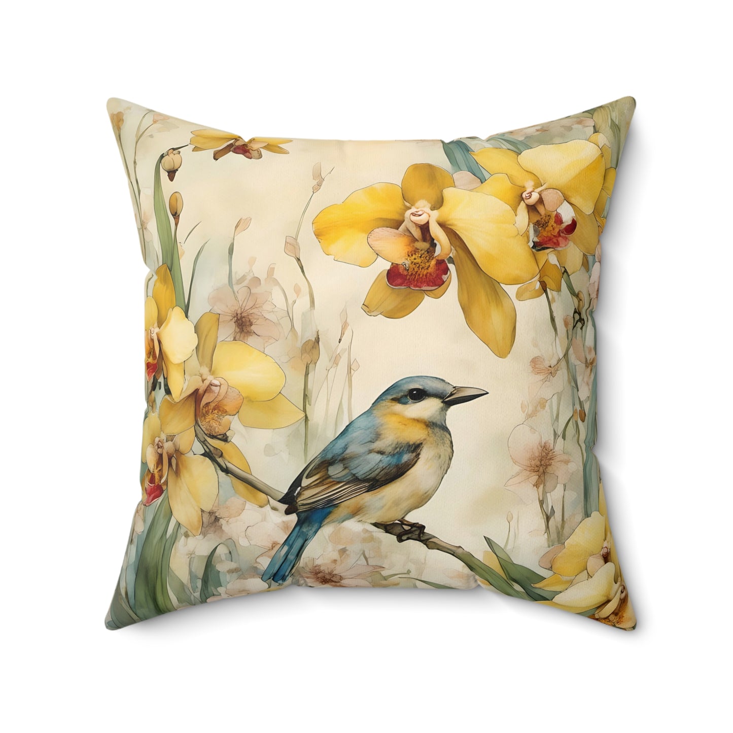 Square Pillow - Yellow Bird Sitting on a Bush - Pastel Tones - Fairyhill Studio Art