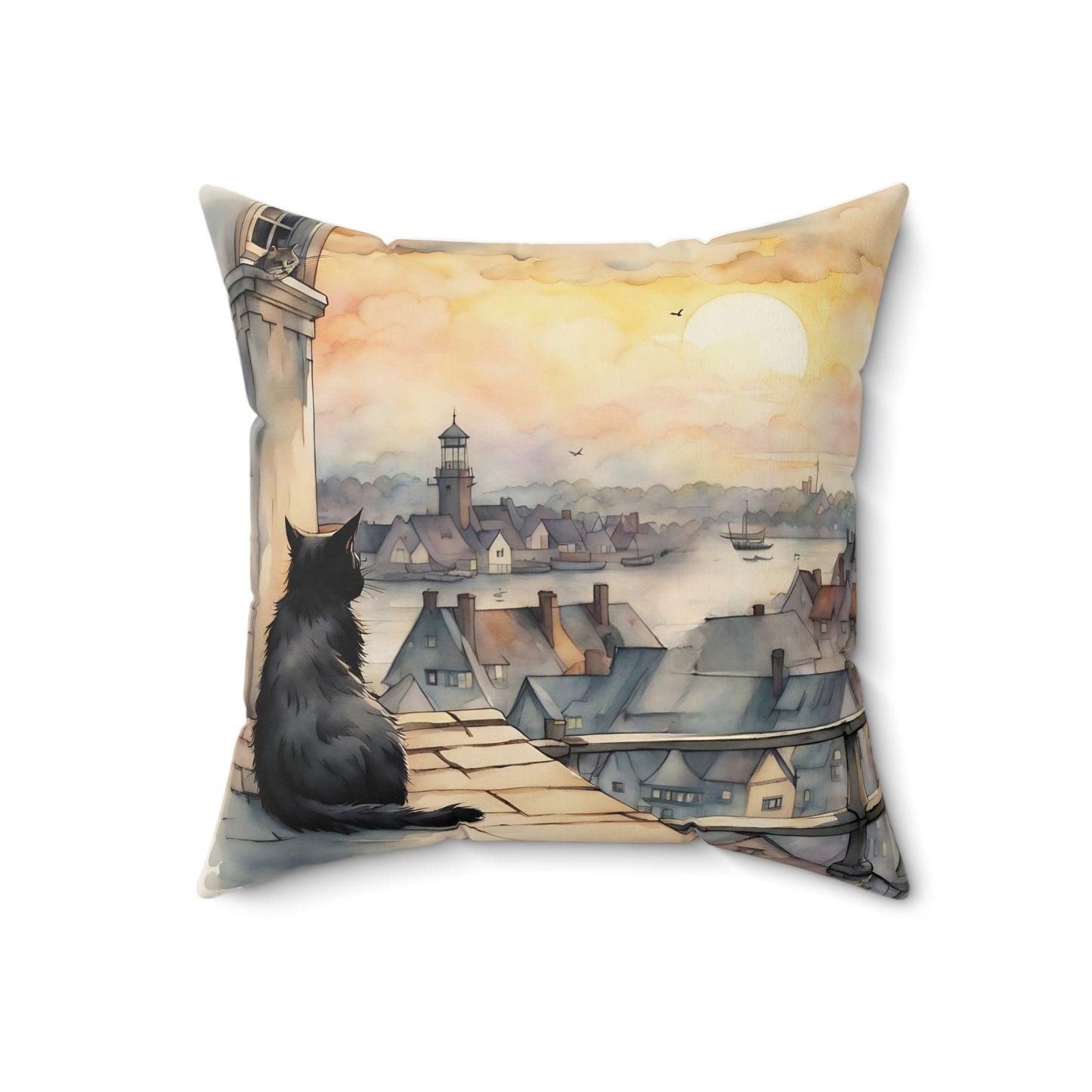 Black cat on a rooftop Square Pillow - by Fairyhill Studio